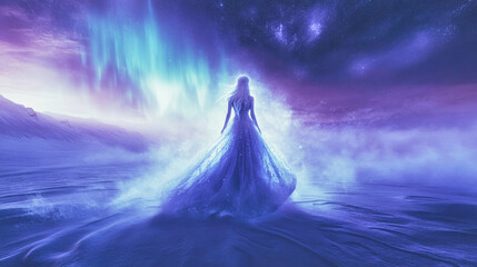 A surreal snow queen levitating in a snowy desert under a brilliant aurora borealis