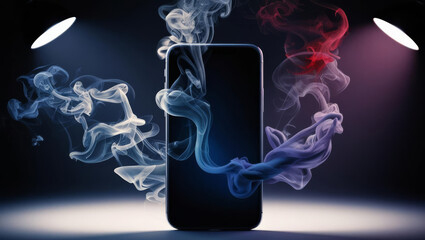 smartphone surrounded by colorful smoke, creating dramatic effect. vibrant swirls of smoke in blue and red contrast with sleek device, enhancing its modern appeal