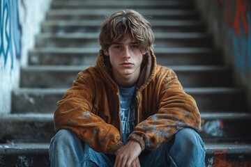 Obraz premium Homeless boy, sitting on concrete stairs with his head down, resting on his knees. The stairs are cold and gray, with graffiti in the background, giving a sense of abandonment