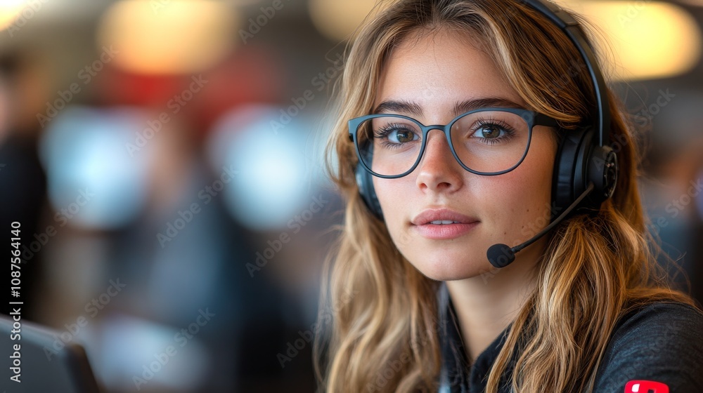 Poster female engineer working on network access reconfiguration in a busy tech environment