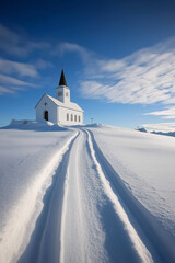 a white church with a black roof and a white church in the snow