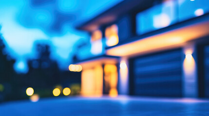 Blurred exterior of a luxury smart home with illuminated pathways and automated garage door at night