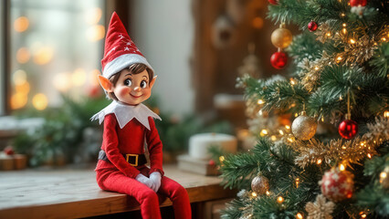 Cute elf on the shelf with copy space