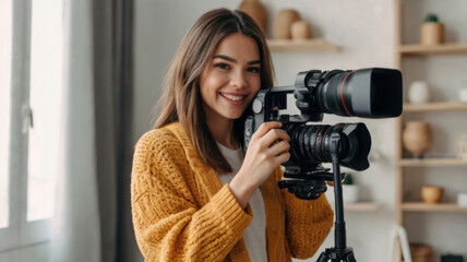 Alegre y encantadora joven y bella mujer Blogger filmando 
