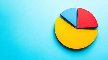 Fototapeta premium A yellow, red, and blue pie chart on a blue background with copy space.