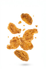 Falling fried chicken wings on white background	