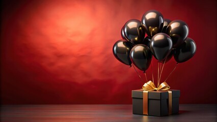 Black Gift Box Surrounded by Black Balloons on a Red Background with a Wooden Surface