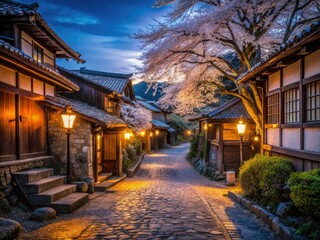 Fototapeta premium Enchanted Evening Pathway in an Old Japanese Village - Low Light Photography