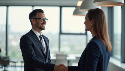Fototapeta premium Business partners shaking hands in a modern office with large windows and professional atmosphere