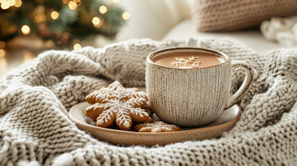 Cozy winter moment with hot chocolate and holiday cookies on a knitted blanket