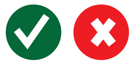 Check mark icon button set. Check box icon with right and wrong buttons and yes or no checkmark icons in green tick box and red cross. Isolated checkmark symbol, right and wrong sign concept.