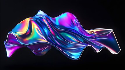 Obraz premium A photorealistic 3D render of a holographic, iridescent neon wave in motion, set against a black background. Featuring vivid gradient colors, it serves as a dynamic design element for banners or wallp