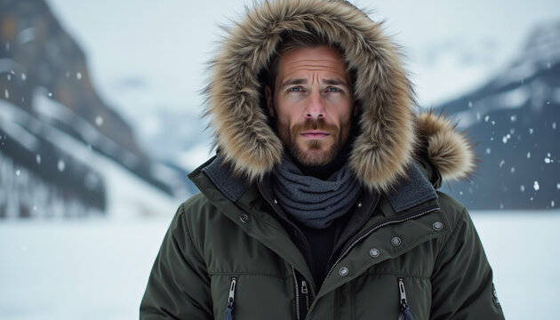 Handsome man in a warm parka with fur hood standing in the snowy mountains during winter

