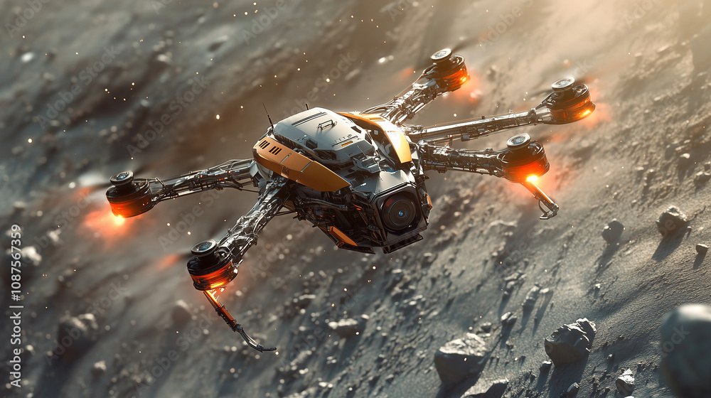 Poster Exploring the lunar surface with a futuristic drone during a twilight mission in a distant galaxy. Generative AI