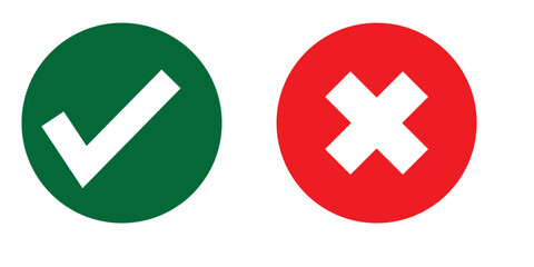 Obraz premium Check mark icon button set. Check box icon with right and wrong buttons and yes or no checkmark icons in green tick box and red cross. Isolated checkmark symbol, right and wrong sign concept.
