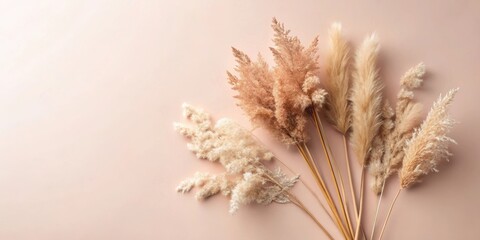 A bouquet of dried pampas grass in various shades of beige and brown, arranged on a light pink background, creating a natural and elegant backdrop.