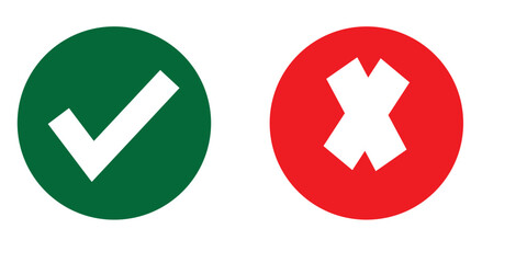 Check mark icon button set. Check box icon with right and wrong buttons and yes or no checkmark icons in green tick box and red cross. Isolated checkmark symbol, right and wrong sign concept.