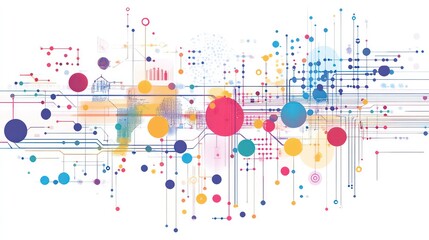 Abstract digital network with lines, dots, and circles in various colors.