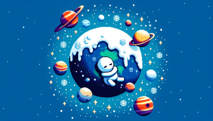 Illustration against light background with space for text, pixel art style 