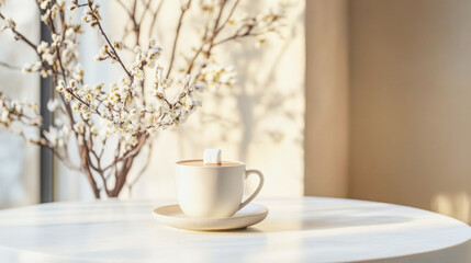 Minimalist hot chocolate in elegant mug with snowy branches on bright winter morning