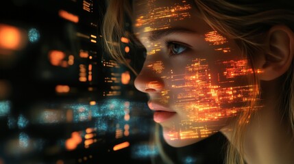 A female technician monitors server health while analyzing data streams in a high-tech environment