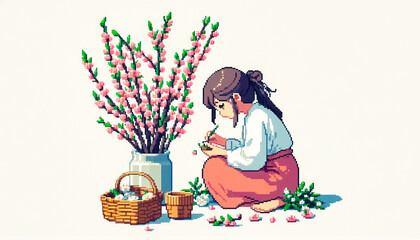 Illustration against light background with space for text, pixel art style 