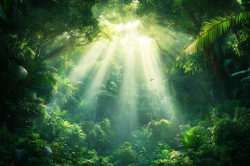 Obraz premium A lush African rainforest with towering trees and vibrant greenery, creating a dense, serene natural scene full of life