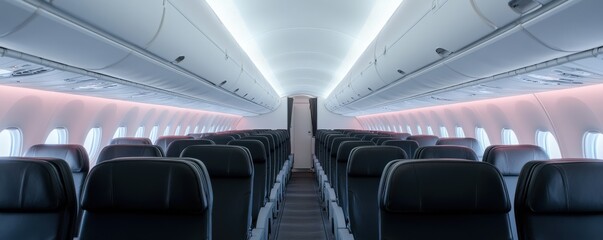 Fototapeta premium A modern airplane interior showcasing spacious seating, sleek design, and ambient lighting, emphasizing comfort and style.