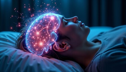 Fototapeta premium Woman Sleeping with Brain Activity Visualization in Blue Light. 