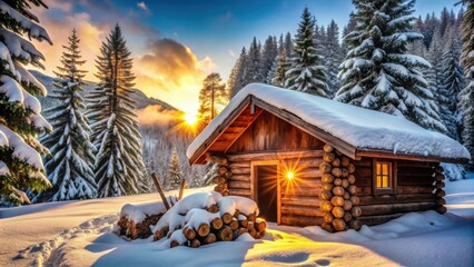 A cozy wooden cabin nestled in a snowy forest with a breathtaking view of the golden sunset, casting a warm glow through the window and across the pristine landscape.