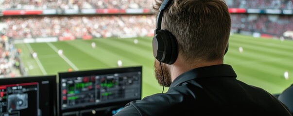 A broadcast technician monitors a soccer game from a control room, equipped with headphones and screens displaying live footage and statistics.