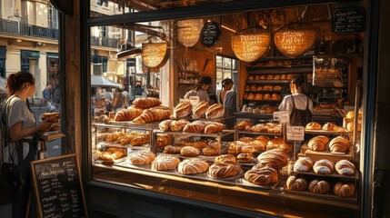 A woman looks through the window of a bakery displaying an assortment of breads and pastries.