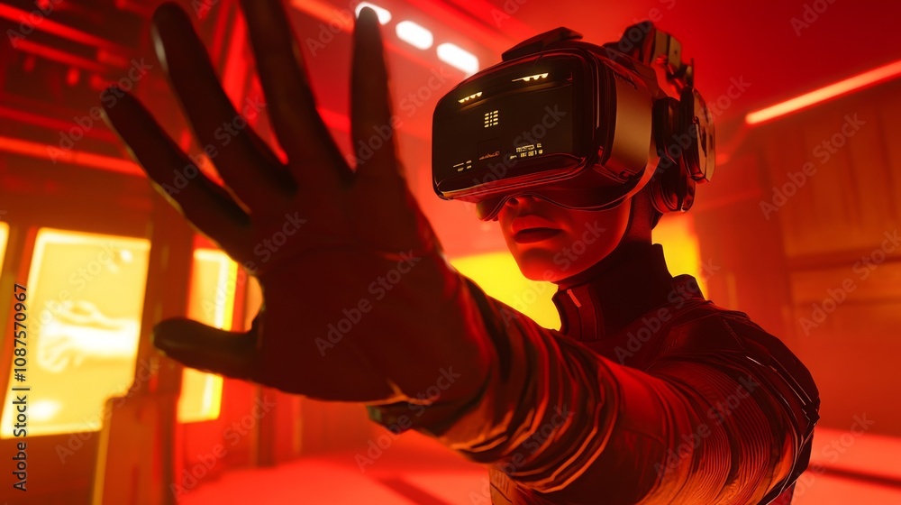Poster a person wearing a black vr headset and gloves interacts within a virtual reality environment. the r