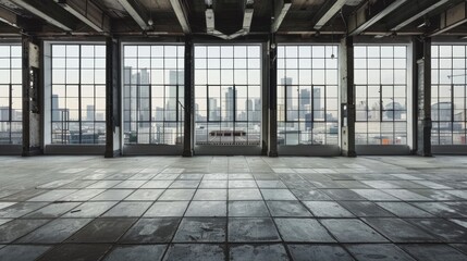 Empty square floor with city skyline background, Cityscape plaza featuring modern architecture, dynamic composition