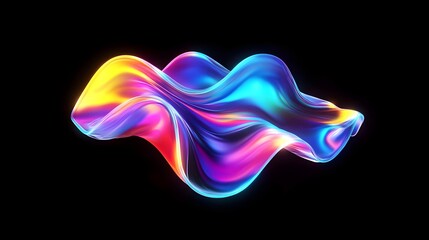 Naklejka premium A photorealistic 3D render of a holographic, iridescent neon wave in motion, set against a black background. Featuring vivid gradient colors, it serves as a dynamic design element for banners or wallp
