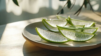 Obraz premium Aloe vera slices with clear gel, arranged on a plate, showcasing their fresh and natural beauty benefits.