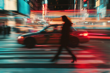 A dynamic city scene featuring a woman walking and a moving taxi in vivid colors.