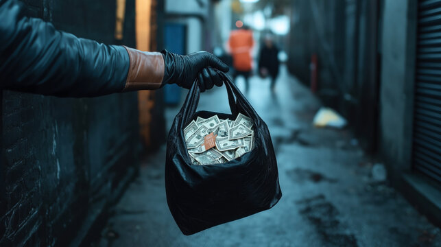 Gloved hand holding black bag filled with cash in dimly lit urban alley with blurred figures in background