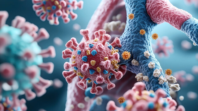 3D illustration of coronavirus cell structure with spike proteins interacting with human cells, visualizing a microscopic viral infection process in vivid detail and colors.