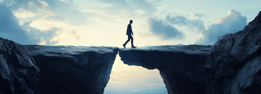 A man walks confidently across a narrow stone bridge at sunset.