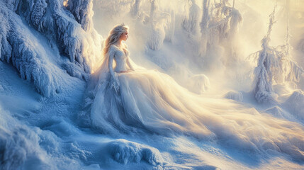 Naklejka premium The Snow Queen seated on her throne of ice in a frosted forest under soft light