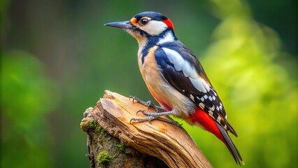 Obraz premium Great Spotted Woodpecker on Tree Trunk - Vertical Portrait Photography