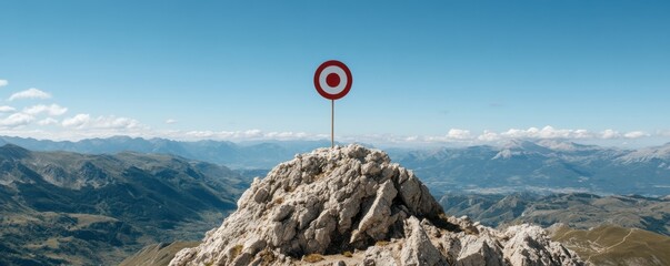 A striking target atop a rocky peak, surrounded by expansive mountains under a clear blue sky.