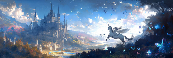 Obraz premium A fairy tale castle stands majestically on a hill, as a unicorn gallops through the sky. The magical, dreamlike scene captures the essence of fantasy and wonder, banner