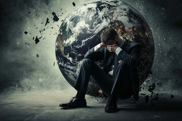 A businessman sits in despair, with a fragmented planet behind him, symbolizing global crisis and personal struggle.