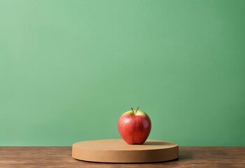 A red apple sitting on a round wooden platform with a green paper background