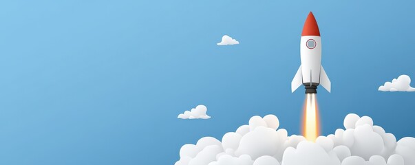 A vibrant rocket launches into a clear blue sky, surrounded by fluffy clouds, symbolizing innovation and exploration.