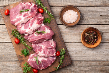 Neck of raw pork meat . Top view