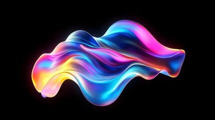 A photorealistic 3D render of a holographic, iridescent neon wave in motion, set against a black background. Featuring vivid gradient colors, it serves as a dynamic design element for banners or wallp