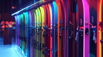 Colorful Ski Equipment Display in Sports Store - Vibrant skis on display, winter sports, retail, equipment, recreation.